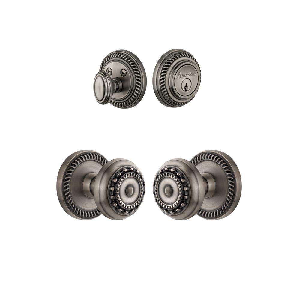 Grandeur by Nostalgic Warehouse Single Cylinder Combo Pack Keyed Differently - Newport Rosette with Parthenon Knob and Matching Deadbolt in Antique Pewter